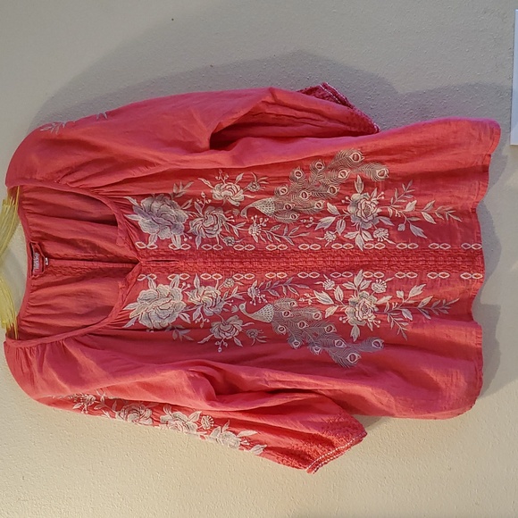 Johnny Was Embroidered Peacocks & Roses Coral Blouse - Picture 1 of 3